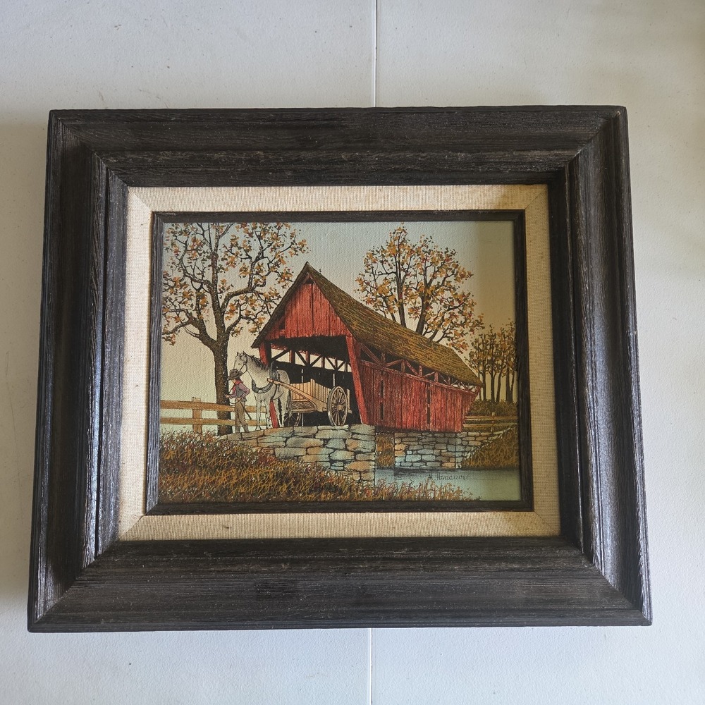 H. Hargrove Serigraph Oil On Canvas Horse & Carriage Covered Bridge Signed